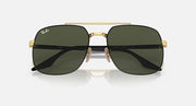 Gold-frame square sunglasses with dark green lenses and mirrored-style glare