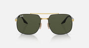 Gold-frame square sunglasses with dark green lenses
