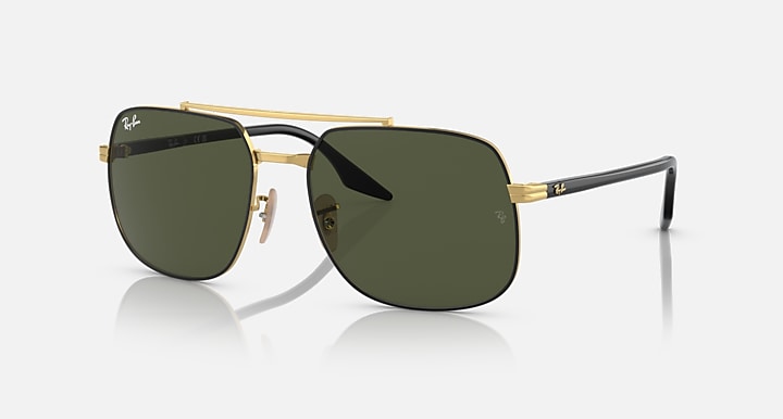 Ray-Ban RB3699 square sunglasses with gold frame and dark green lenses