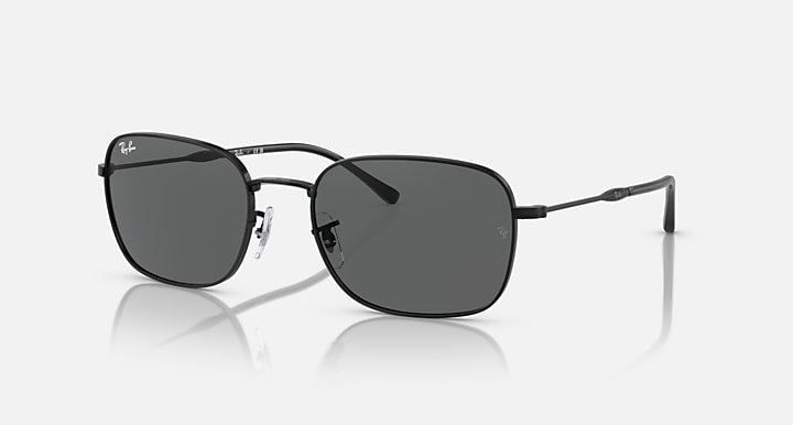 Ray-Ban RB3706 sunglasses with dark gray lenses and dark frame, side-front angle