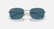 Ray-Ban RB3706 sunglasses with blue lenses and silver frame, front view with mirrored glare