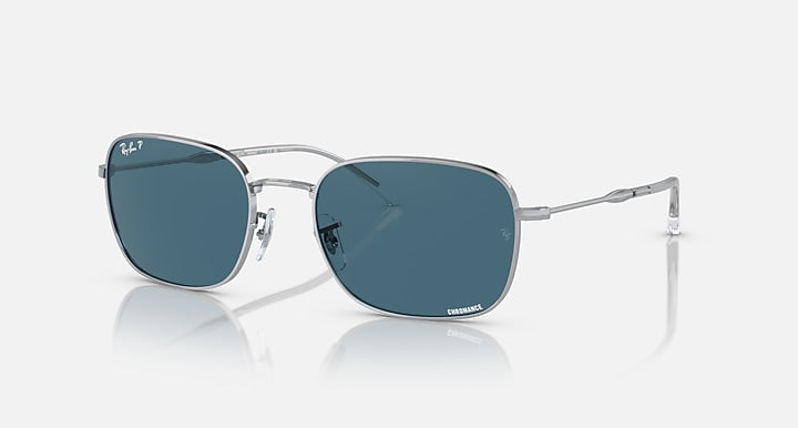 Ray-Ban RB3706 sunglasses with blue polarized lenses and silver frame, front angle view
