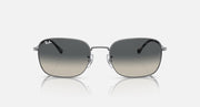 Rectangular sunglasses, silver frame, dark gray lenses with subtle gradient