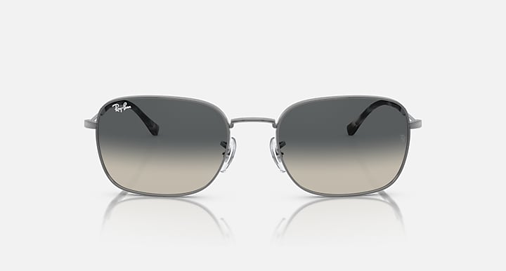 Rectangular sunglasses, silver frame, dark gray lenses with subtle gradient