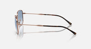Rectangular sunglasses side view, rose-gold metal frame, black striped temple arms