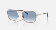 Rectangular sunglasses, rose-gold frame, blue gradient lenses with dark tint