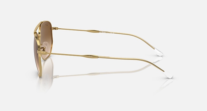 Gold-tone sunglasses side view with brown lens and clear temple tips