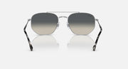 Silver-tone sunglasses with dark grey gradient lenses and patterned side arms