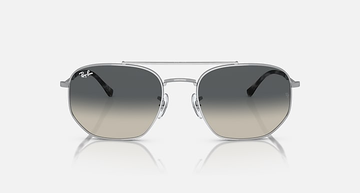 Silver-tone sunglasses with dark grey gradient lenses, front view