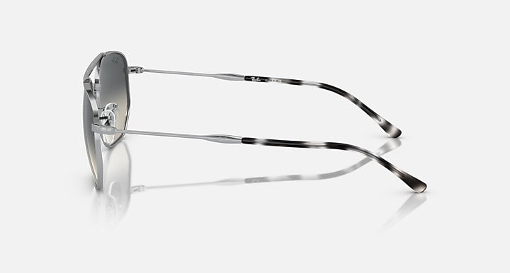 Silver-tone sunglasses side view with dark grey lens and patterned temples