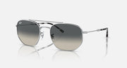 Silver-tone sunglasses with dark grey lenses and clear temple tips
