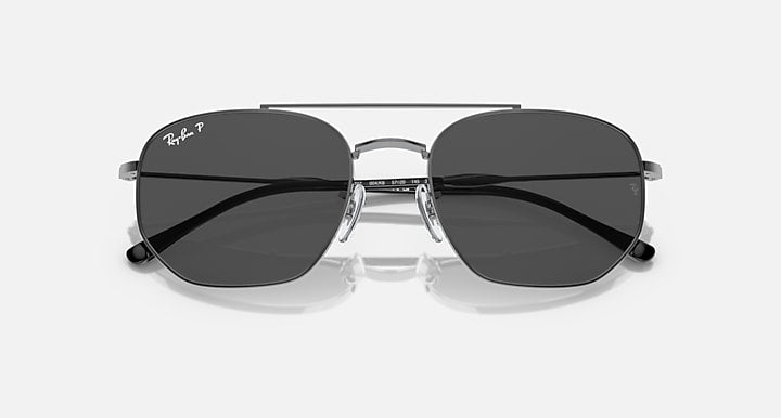 RB3707 sunglasses with silver frame and black oval lenses