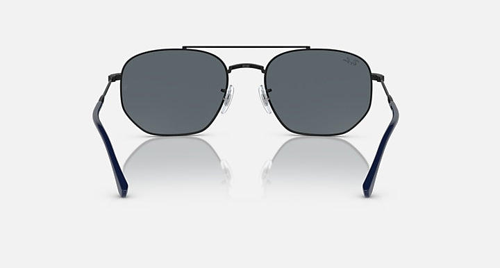 Navy blue temple metal sunglasses with dark grey lenses, front view.