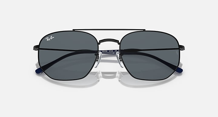 Metal sunglasses with navy accents and dark tinted lenses, front view.