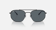 Black metal sunglasses with dark grey lenses, front view.