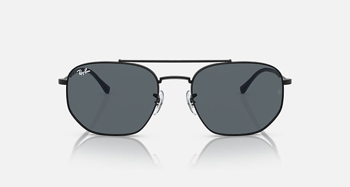 Black metal sunglasses with dark grey lenses, front view.