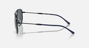 Side view of metal sunglasses with blue temples and dark lenses.