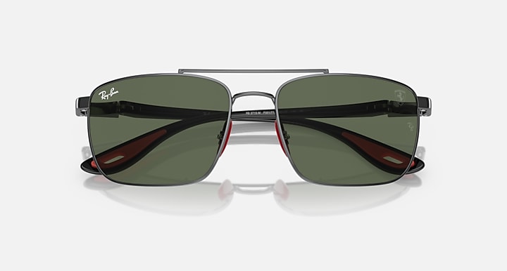 Ray-Ban RB3715M square sunglasses with dark green mirrored lenses and metal hinges