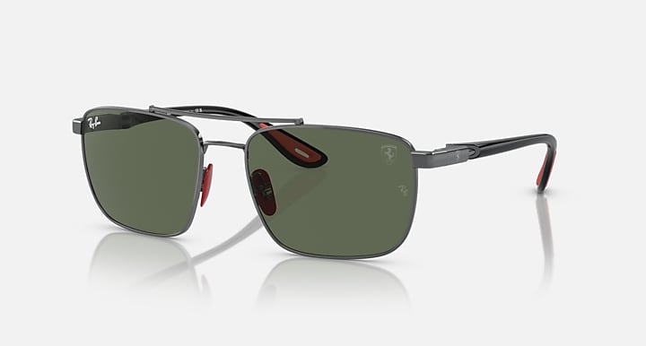 Ray-Ban RB3715M metal-frame square sunglasses with dark green lenses and red tips