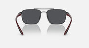 Ray-Ban RB3715M square sunglasses front view with dark gray lenses and maroon accents