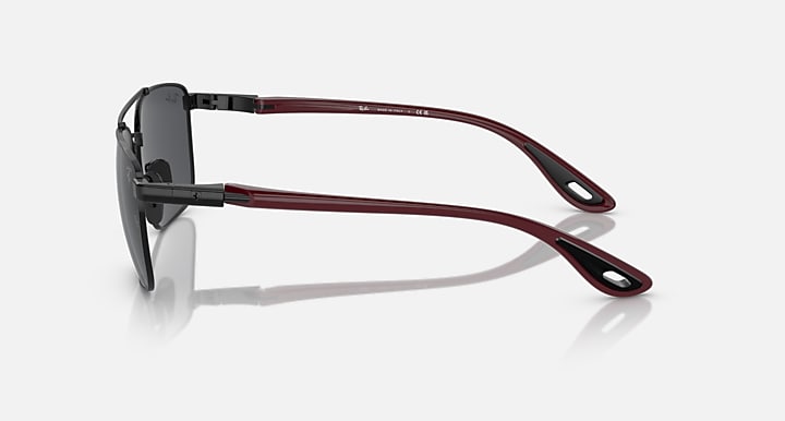 Ray-Ban RB3715M square sunglasses side profile with dark gray lenses and maroon arms