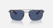 Square sunglasses with dark blue mirrored lenses, gunmetal frame, red temple accents