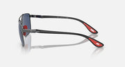 Sunglasses side profile with dark blue lenses, gunmetal frame, red stripe on temple