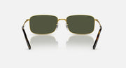 Gold-framed square sunglasses with dark green lenses and thick black temple arms