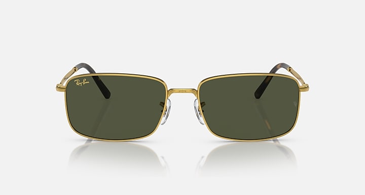 Gold-framed square sunglasses with dark green lenses, front view