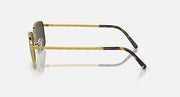 Gold and black temple sunglasses with rectangular lenses, side profile