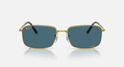 Gold-framed square sunglasses with blue-tinted lenses, front view