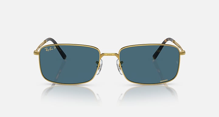 Gold-framed square sunglasses with blue-tinted lenses, front view