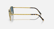 Gold and black temple sunglasses with blue-tinted lenses, side profile