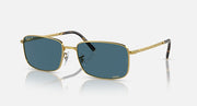 Gold-framed square sunglasses with blue-tinted lenses and black temple tips