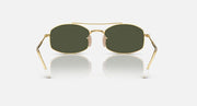 Ray-Ban square sunglasses with gold frame and dark green lenses, front view on stand