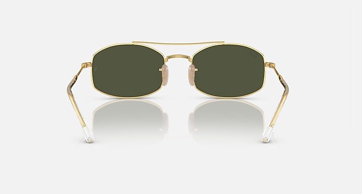 Ray-Ban square sunglasses with gold frame and dark green lenses, front view on stand