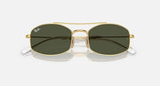 Ray-Ban square sunglasses with gold frame and dark green lenses, slight angled view