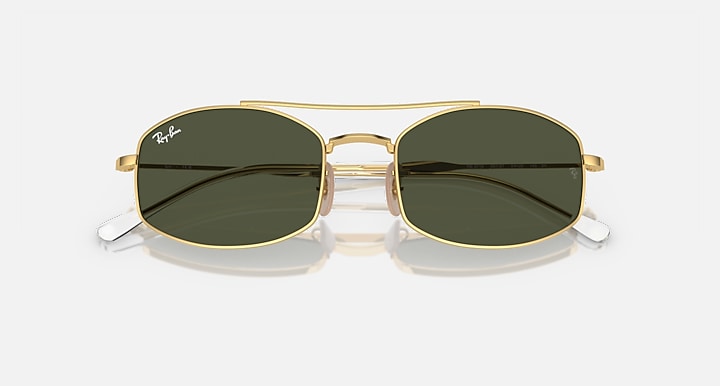 Ray-Ban square sunglasses with gold frame and dark green lenses, slight angled view