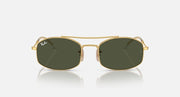 Ray-Ban square sunglasses with gold frame and dark green lenses, front view