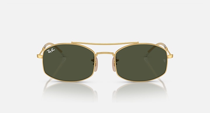 Ray-Ban square sunglasses with gold frame and dark green lenses, front view