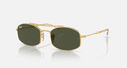 Ray-Ban square sunglasses with gold frame and dark green lenses, side profile view