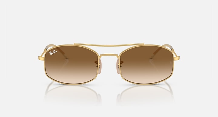 Ray-Ban square sunglasses with gold frame and amber gradient lenses, front view