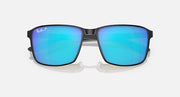 Ray-Ban Chromance front view rectangular sunglasses with blue mirrored lenses and dark frame