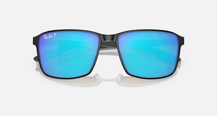 Ray-Ban Chromance front view rectangular sunglasses with blue mirrored lenses and dark frame