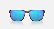 Ray-Ban Chromance blue mirrored sunglasses with dark rectangular frames and straight bridge