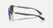 Ray-Ban Chromance side view sunglasses with blue lenses, dark frame, metal temple arms