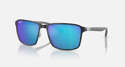Ray-Ban Chromance rectangular sunglasses with blue mirrored lenses, dark frame, metal arms