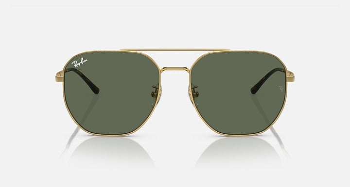 Gold aviator sunglasses with dark green tinted lenses and curved metal frame