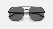 Ray-Ban aviator sunglasses with dark grey lenses and black frame, front view