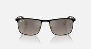 Black square sunglasses with dark lenses and yellow accents on temples